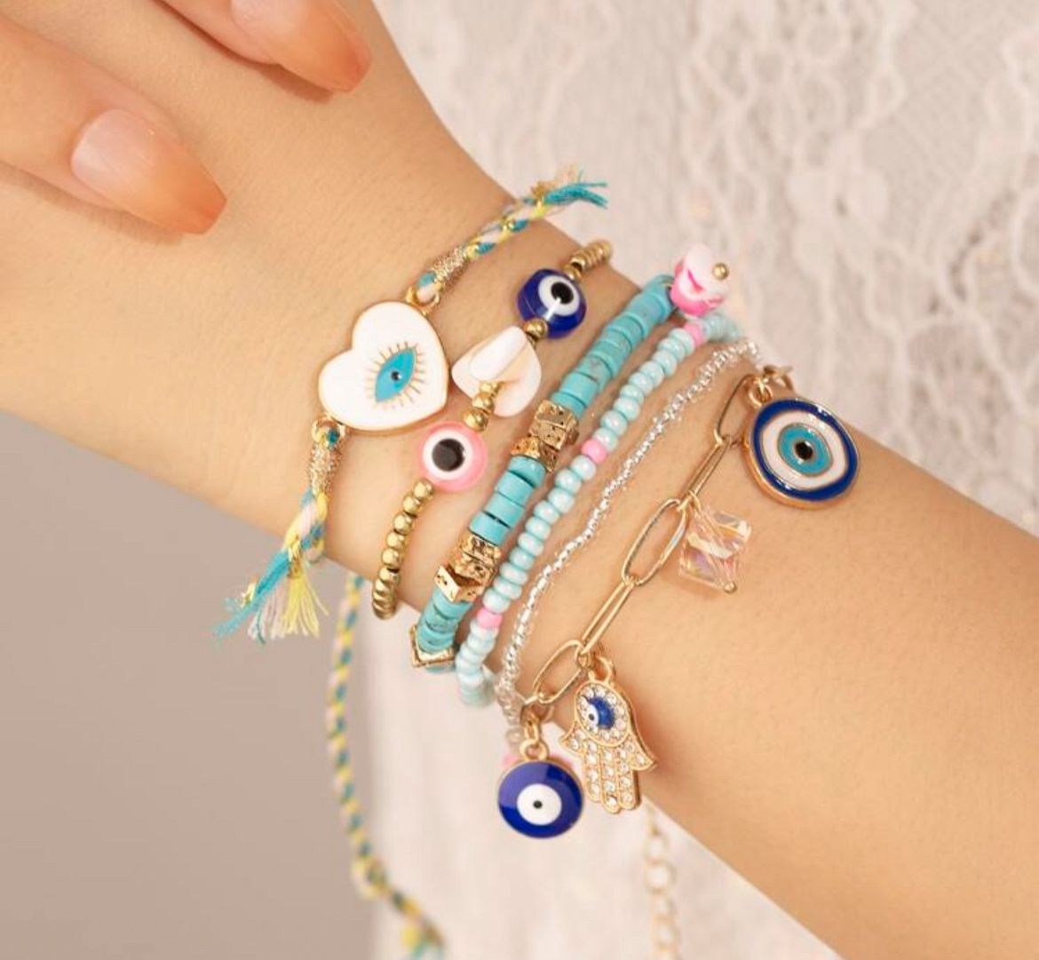 6pcs Turquoise Green Glass Beads Alloy Evil Eye Pendant Bracelet With Chain