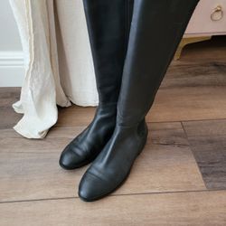 Women's Black Leather Calf Riding Boots 7.5  Stretch Elastic 