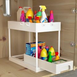 Under Sink Organizers and Storage,2 Tier Under Bathroom Storage Rack with 4 Hooks,Multi-Purpose Storage Shelf for Bathroom Kitchen(White)