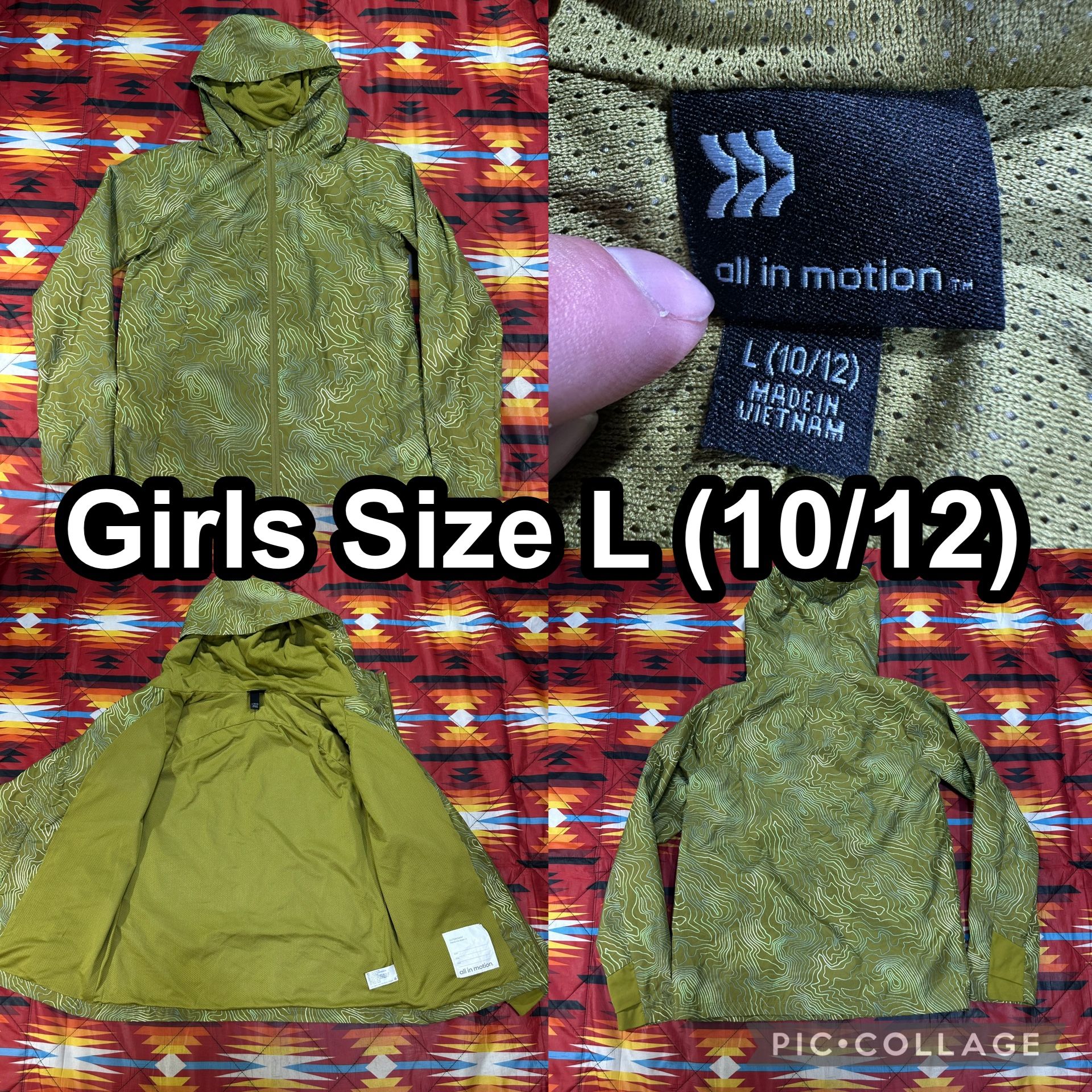 All in Motion Girls Large (10/12) Green Rain Jacket Hooded Thumbholes Aspiring