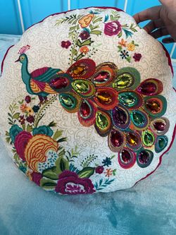 Decorative Beaded and Embroidered Peacock Pillow