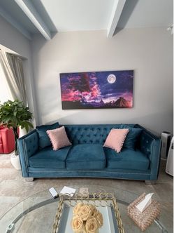Blue Velvet Sofa / Coach & Matching Accent Chair - Tufted - Silver Nailhead Trim - Modern Design