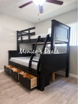Solid Wood Twin/Full Bunk Bed With 3 Drawers And Memory Foam Mattresses $1,200