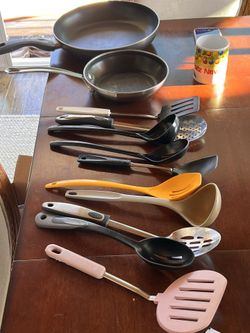 Kitchen Utensils, Teflon Pans and a Mug