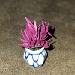 Miniature  Diaroma Ceramic Blue Pot With Realistic Rubber Plant