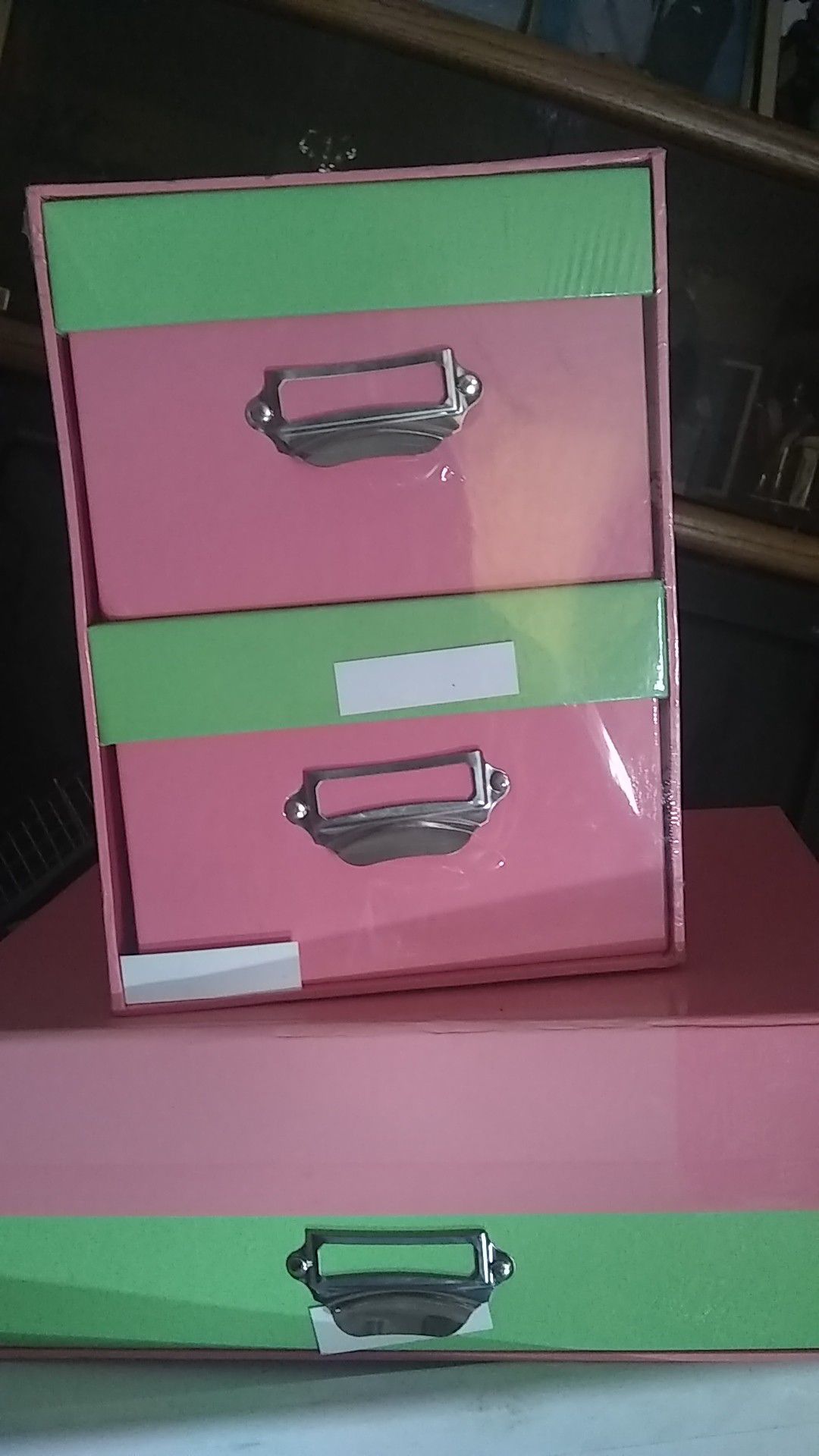 $6! Both 2 medium two tone pink boxes good for swords for kids on the dresser or the vanity plenty of room for pencils pens paper