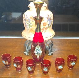 MOSER BOHEMIA CZECH RUBY RAISED ENAMEL DECANTER & 6 CORDIALS