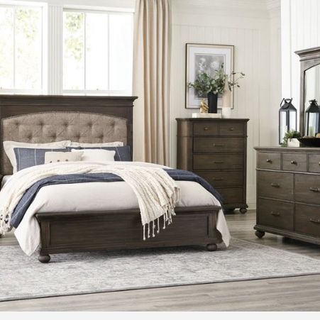 Motsinger Brown Upholstered Panel Bedroom Set ( Queen, king, twin, full bedroom set - bed frame- tall dresser, nightstand and chest, mattress options