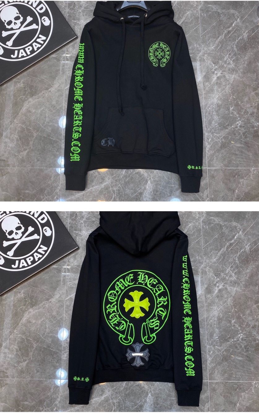 Chrome Hoodie Hearts Neon Green Cross Patch Black Metal Logo S, M, L, XL