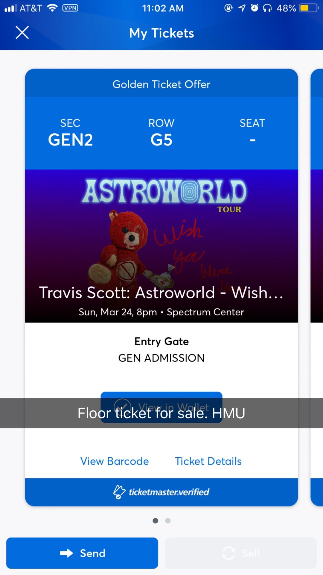 TRAVIS SCOTT FLOOR TICKET ON MARCH 24th AT CHARLOTTE