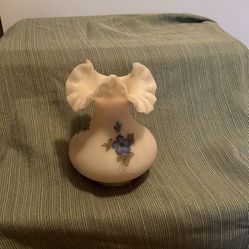 FENTON BLUE DOGWOOD Flowers on CAMEO SATIN Glass Hand Painted & Signed VASE