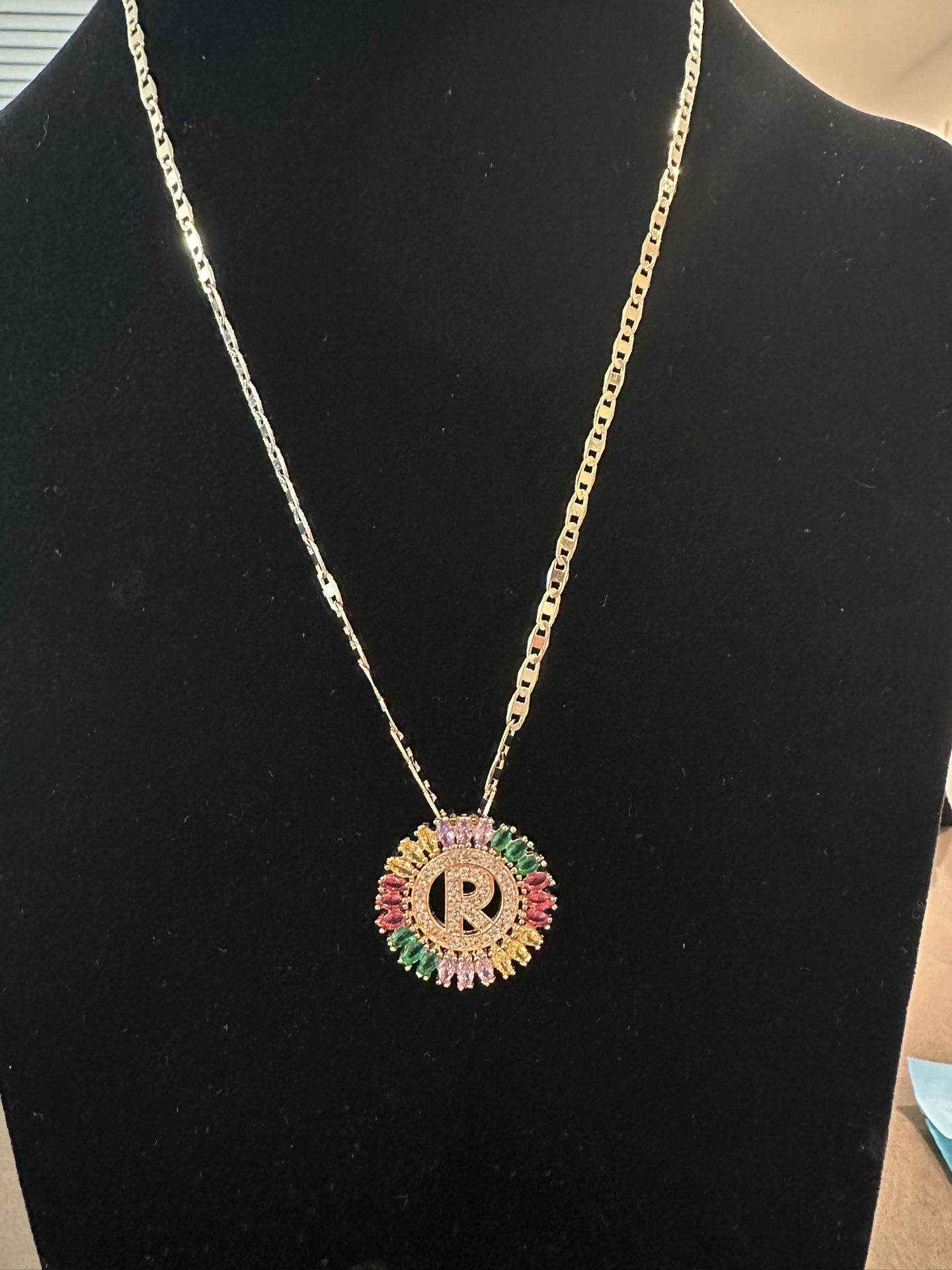 π₯ 14K Gold Over 925 βRβ Initial Pendant w/ Moissanite & Sapphire Accents + Chain β $80
