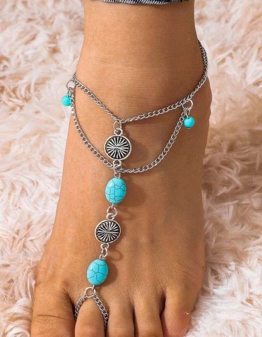 Turquoise Bead Toe Ring Anklet Barefoot Sandal Bracelet 