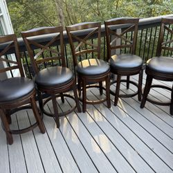 Set of 5 Ashley Furniture Swivel Barstools – Dark Wood & Black Seat