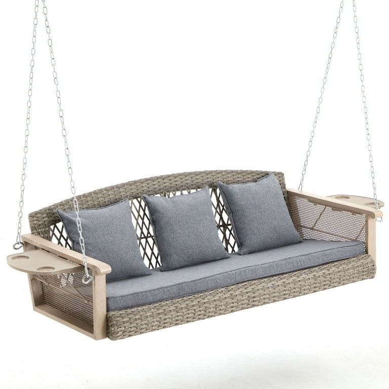 Homrest 3 Person Aluminum Wicker Porch Swing with Cup Holder and Cushions, Grey