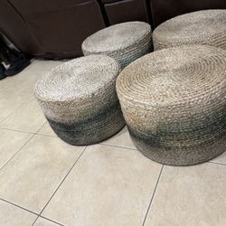 Set of 4 Teele Round Jute Pouf Ottoman / Stools 