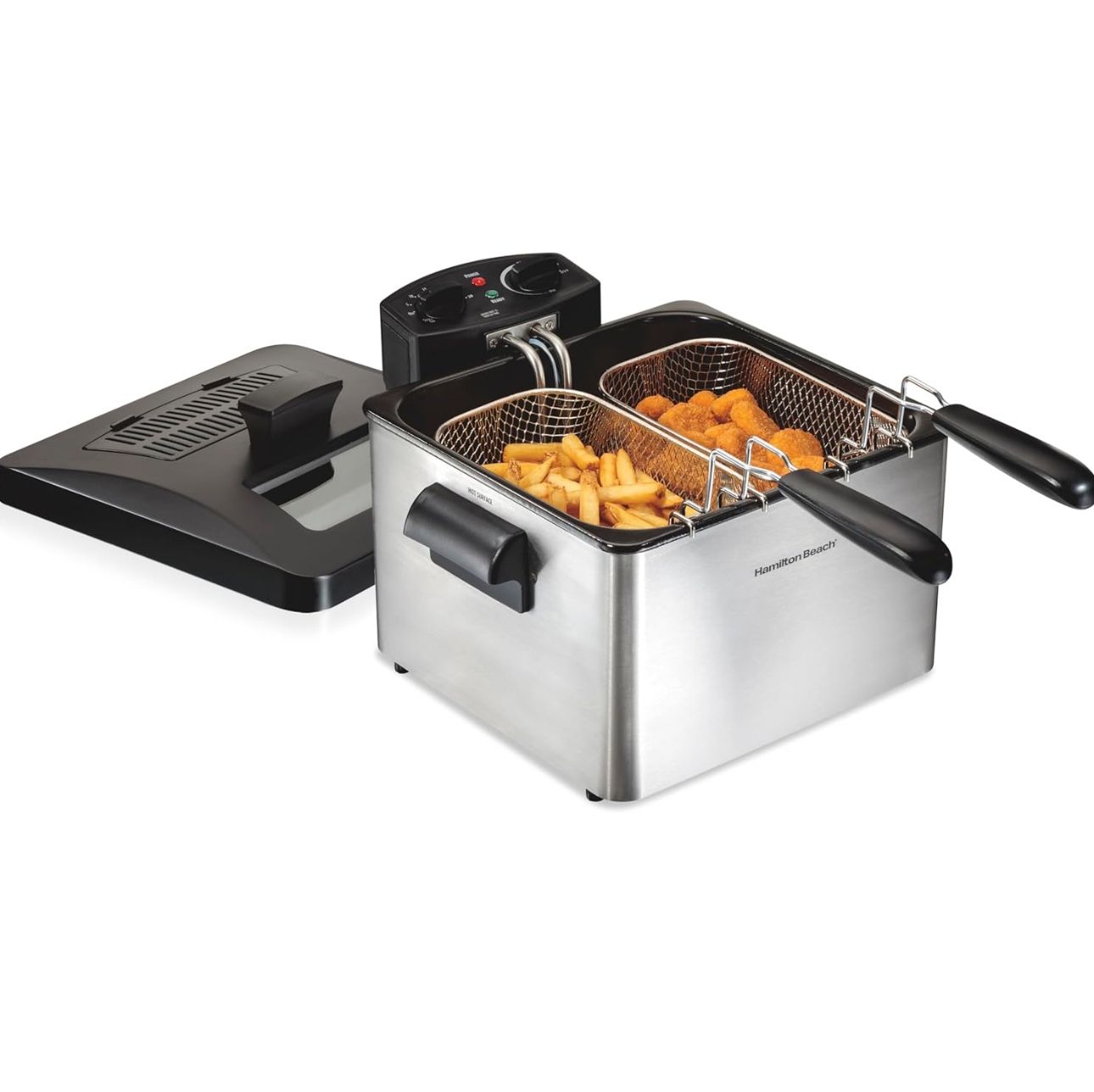 Hamilton Beach Deep Fryer with 2 Frying Baskets, 19 Cups / 4.5 Liters Oil Capacity, Lid with View Window, Professional Style, Electric, 1800 Watts, St