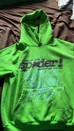 Green Spider Worldwide hoodie with blue spiderweb graphic and text, size M