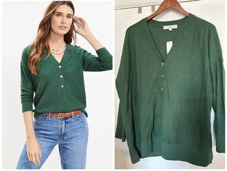 Brand New XL Classic Forest Green Loft Sweater - V-Neck Henley, Cotton/Nylon Blend