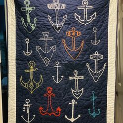 NEW Pottery Barn Kids Toddler/Baby/Crib Quilt Blanket, Embroidered Anchors Away Blue Nautical Sea