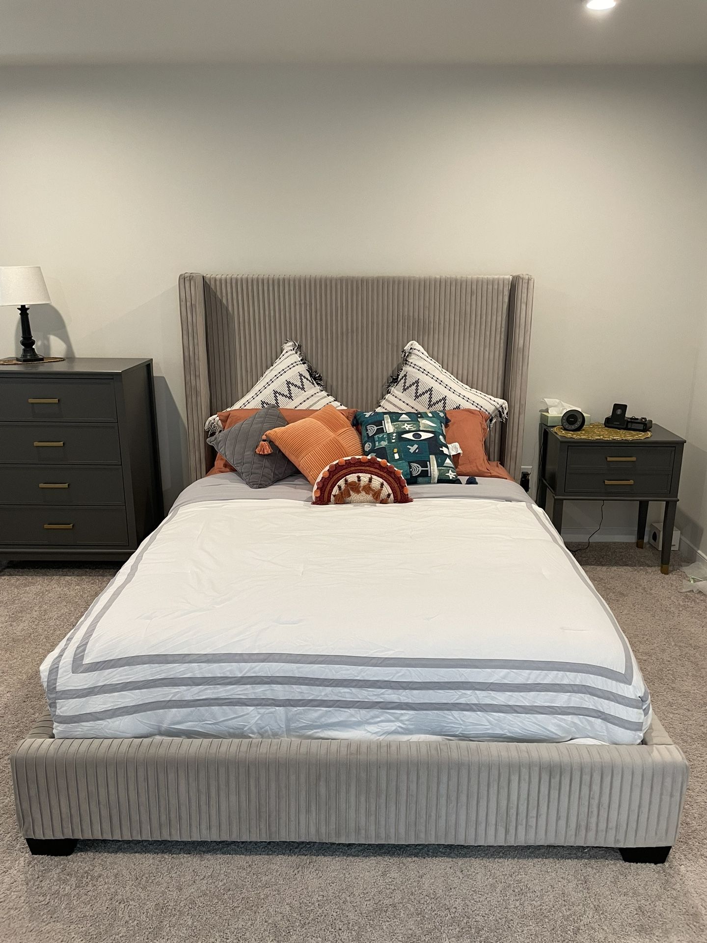 Upholstered Light Gray Queen Bed, Spring Box and Mattress (can also sell separately)