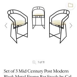 Set of 3 Mid Century Post Modern Black Metal Frame Bar Stools