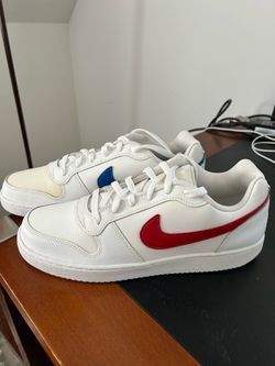 Nike Men’s Custom White Sneakers with Red and Blue Swooshes