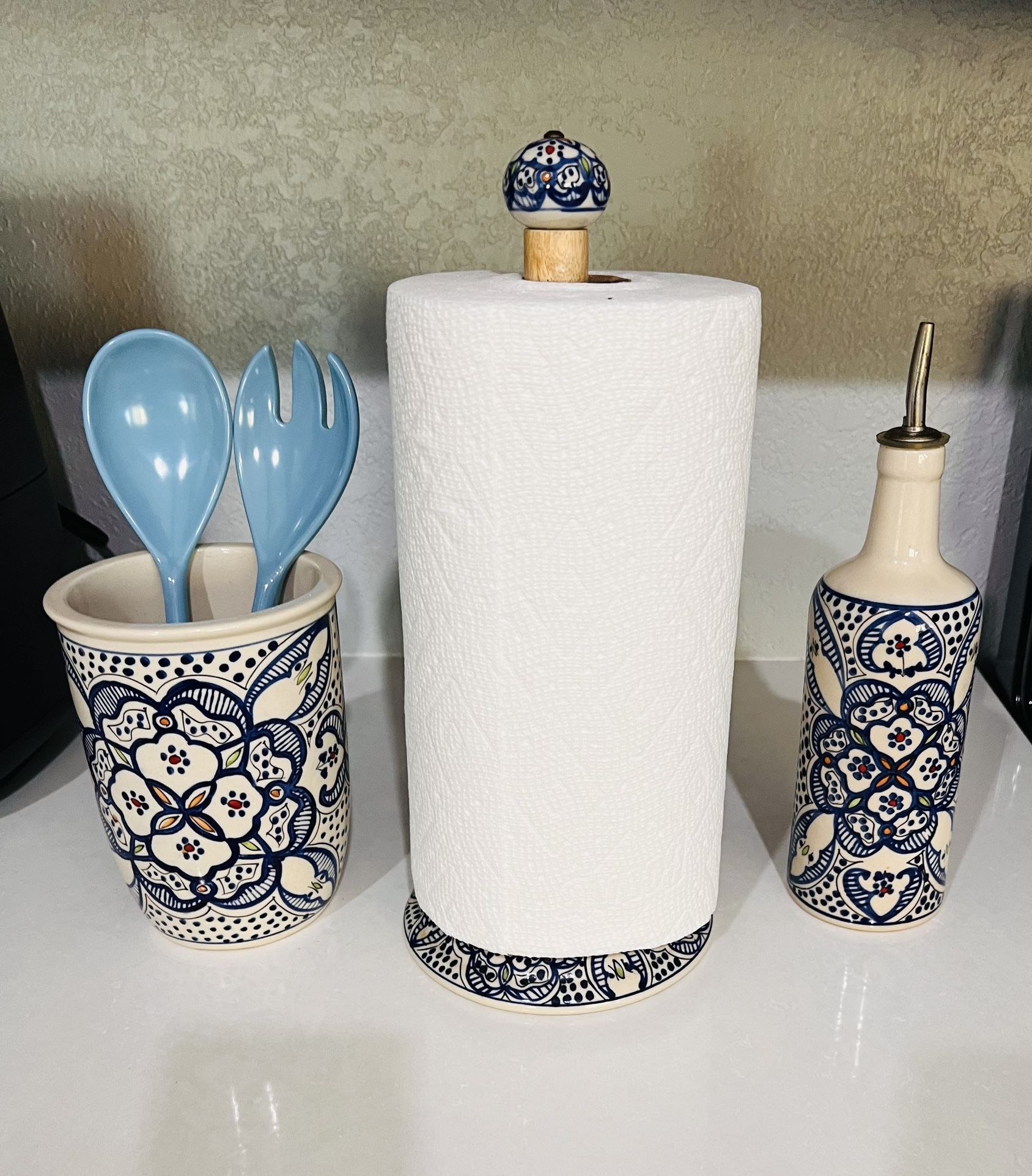 Three Pieces Spanish Style Kitchen Set: Paper Towel Holder, Olive Oil Dispenser and Utensils Holder. Blue utensils are not included in bundle