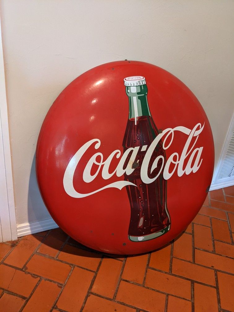 Vintage Coca-Cola Bottle Button Sign 36 Inch Porcelain