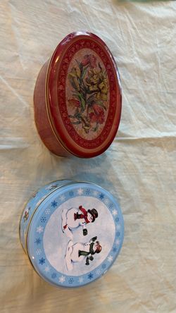 Vintage Red Oval Floral Tin and Round Snowman Tin
