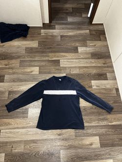 vintage Nike long-sleeve, colorblock striped shirt in a dark blue/black and gray colorway with an embroidered logo. 