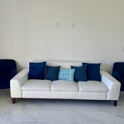 Withe Sofa with 2 Navy Blue Accent Chairs 