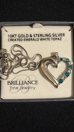 10kt Gold & Sterling Silver Heart Necklace with Created Emerald and White Topaz