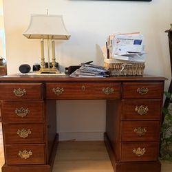 Vintage Solid Wood Executive Pedestal Desk with Leather Inlay – Excellent Quality