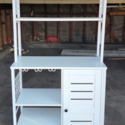 Bakers Rack, Microwave Stand with Power Outlets, Kitchen Storage with Wheels & Feet, Coffee Station with Cabinets and 10 S-Hooks, White