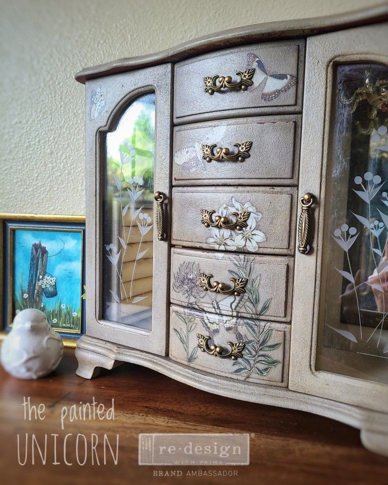Neutral And Floral Refinished Jewelry Box