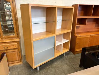 LIGNE ROSET Made in France Contemporary Bookcase with Frosted Glass Cabinet and Glass Shelving