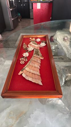 Vintage Frame Seashell mosaic wall hanging 3D bird and floral design on red velvet