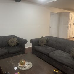 Gray tufted Ashley-style sofa set — gently used, still comfortable, Comes with pillows And Table If You Wants . 