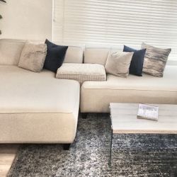 RARELY USED- MODERN 4 Piece Living room Sofa And Chaise with glass table set