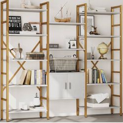 White & Gold 5-Tier Bookshelf with Cabinet – Great Condition