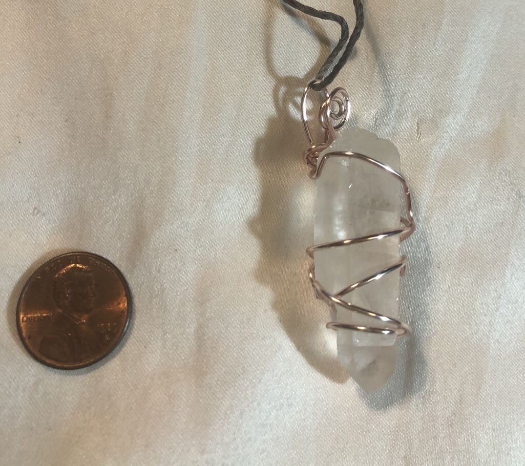 Raw Clear Quartz Pendant With Hemp Cord Rose Colored Copper Wired