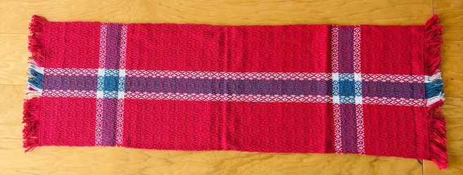 Hand woven table runner, red-white-blue, 11 1/2”X37”.
