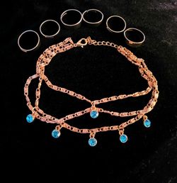 Blue Austrian Crystal Anklet (10-12 in) and 6 Ring (Adjustable) in Goldtone