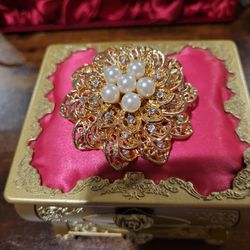 Shiny Vintage Goldtone Flower Filigree Brooch Pin Faux Pearl Clear Rhinestones 2.5" F8 