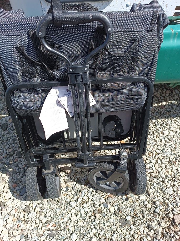 A,Mac Sports Heavy Duty Steel Frame Collapsible Folding 150 Pound Capacity Outdoor Garden Utility Wagon Yard Cart with Table and Cup Holders, Grey