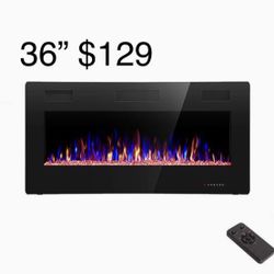 36” Inch Electric Fireplace Heater Recessed, Or Wall-Mounted Multiple Colors Flames