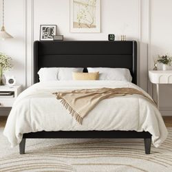 Queen Size Platform Bed Frame With Velvet Upholstered Wingback Headboard, No Box Spring Needed, Under Bed Storage Space, Strong Wooden Slats, Modern M