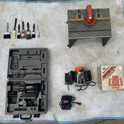 Lot 3- Router,  Router Table, spiral saw, hand sander, assorted brushes
