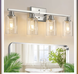 Ascher Bathroom Light Fixtures, 4-Light Vanity Lights with Clear Glass Shade, Modern Brushed Nickel Wall Light for Mirror Bedroom Hallway Cabinet Porc